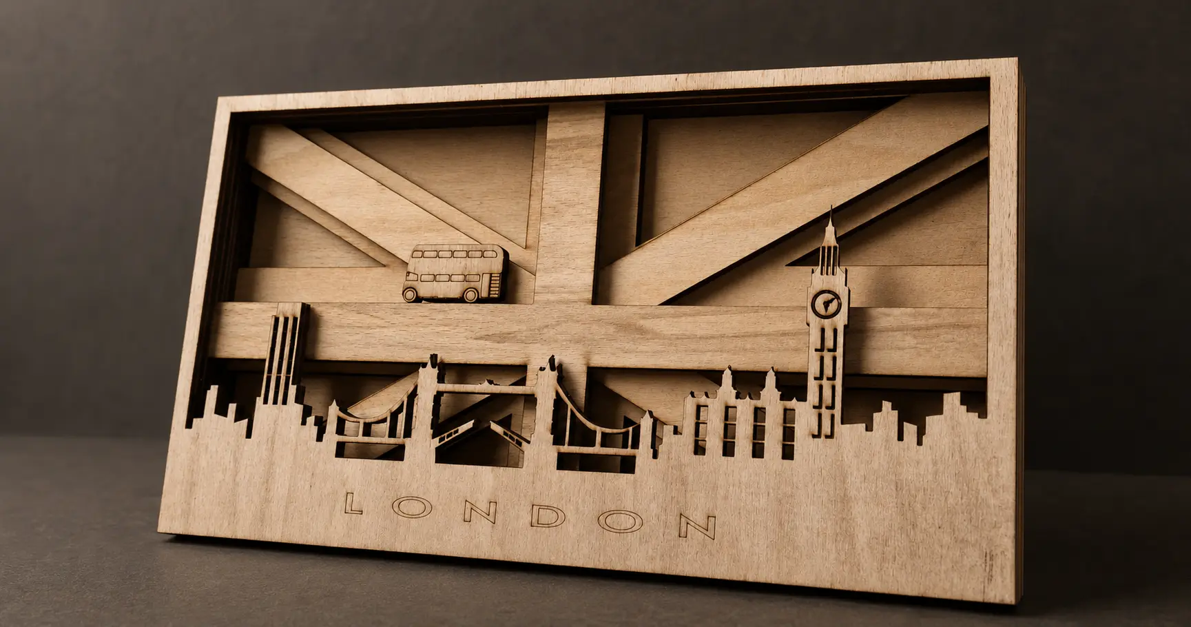 Finished multi-layer wooden London artwork with a Union flag backing